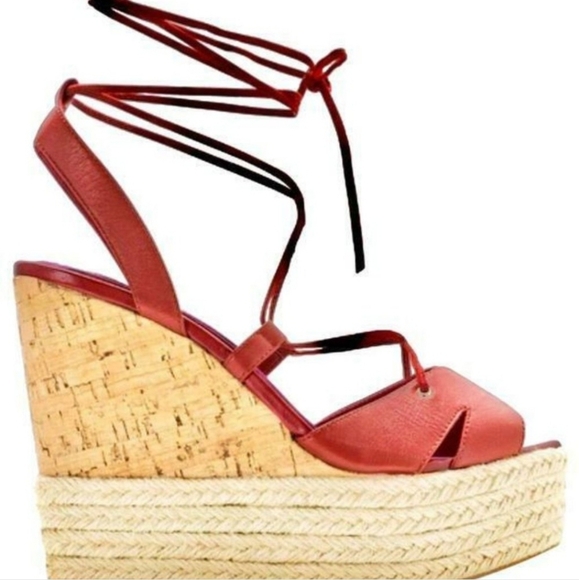 White House Black Market "Saffron" Red Lace Up Strap 4" Wedge Heel 7M Fair Cond. - Picture 1 of 13